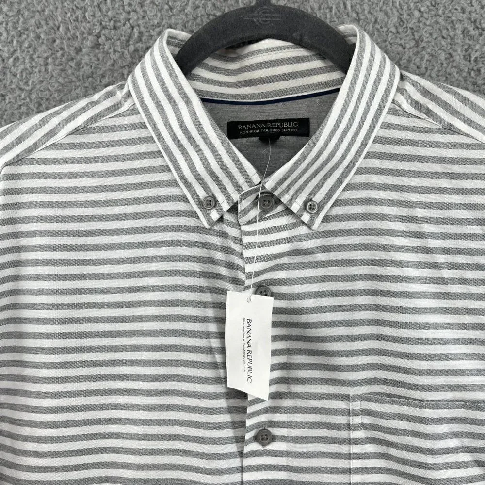 Banana republic button down shirt mens large gray white stripe NEW